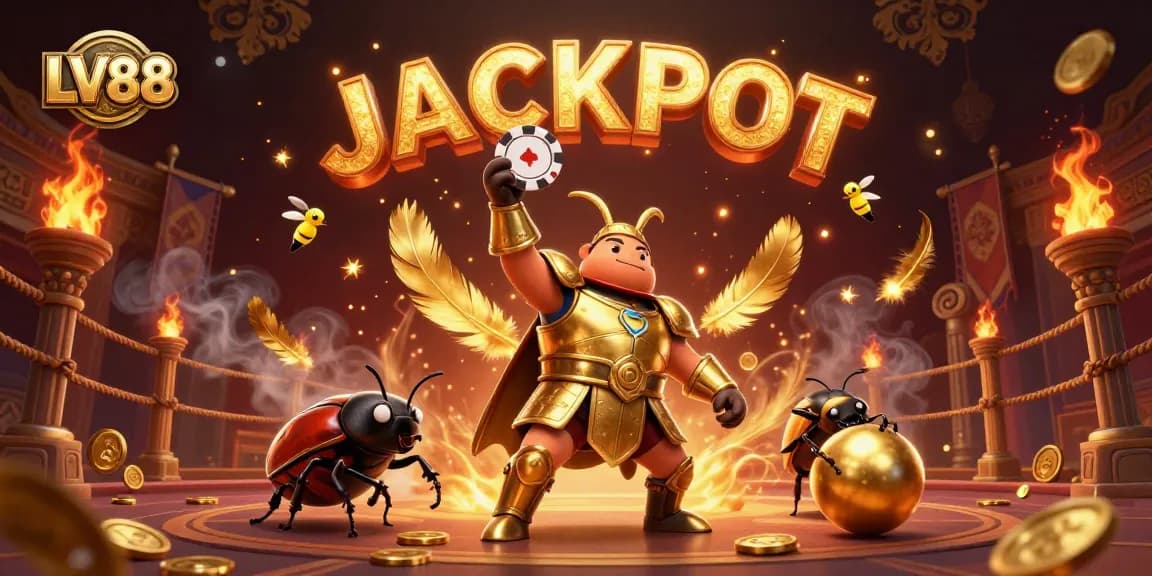 Experience LV88's thrilling victory scene with a beetle in armor lifting a poker chip amidst a vibrant casino atmosphere.