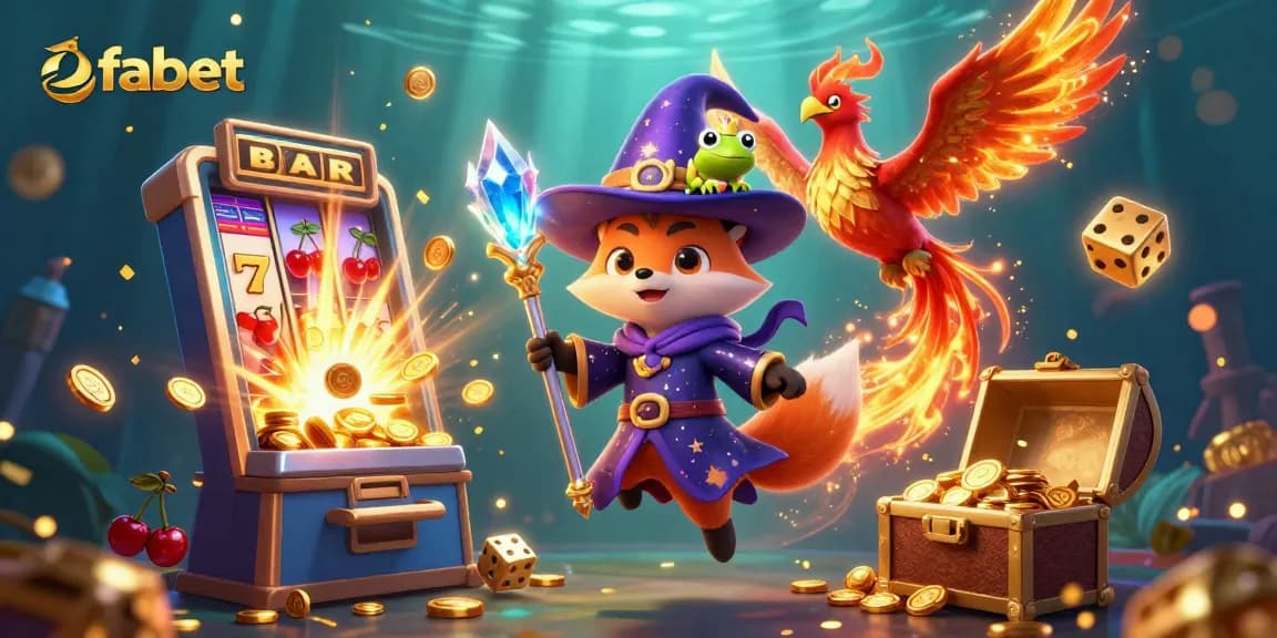 Spin the fabet slots with a magical wizard fox, phoenix, and enchanted frog in an action-packed casino scene.