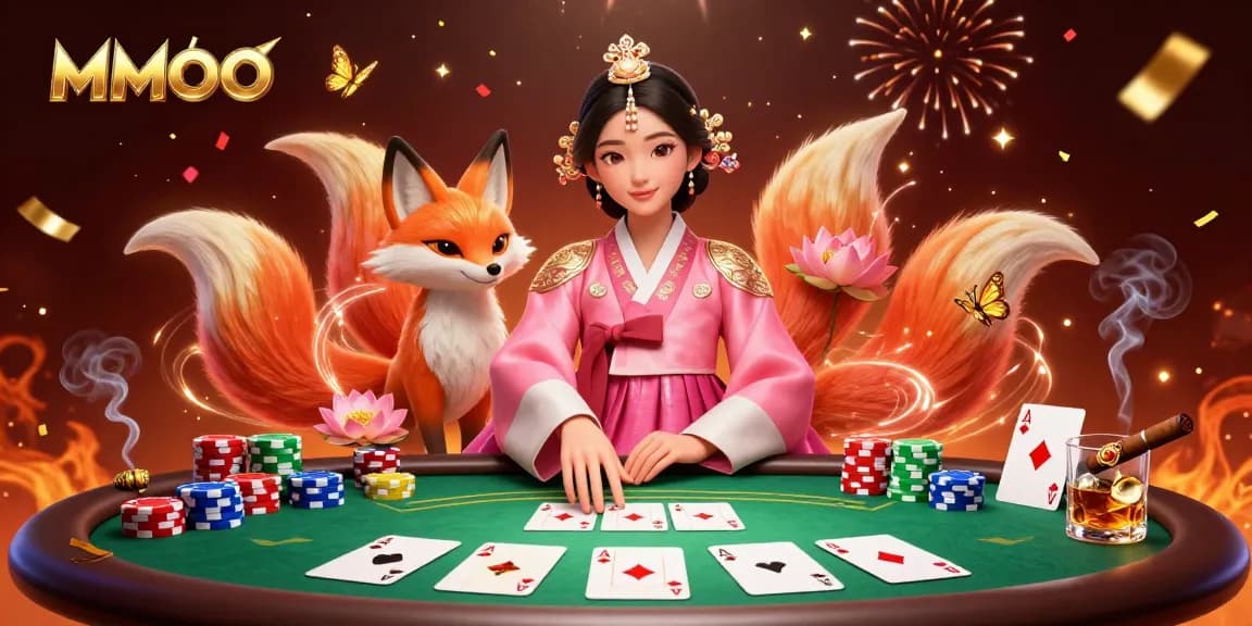 Experience MMOO excitement with a graceful woman, poker elements, and a lucky fox in a vibrant casino scene.