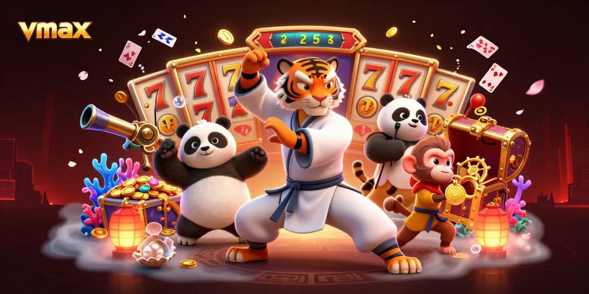 Experience thrilling gameplay at vmax with this vibrant illustration of a kung fu tiger and panda in action.