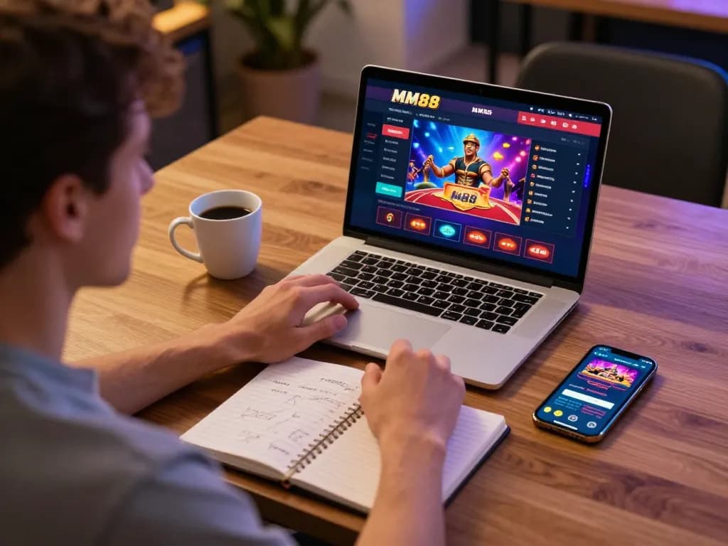 Player enjoying a game at MM88 with laptop and smartphone, showcasing responsible online gambling.