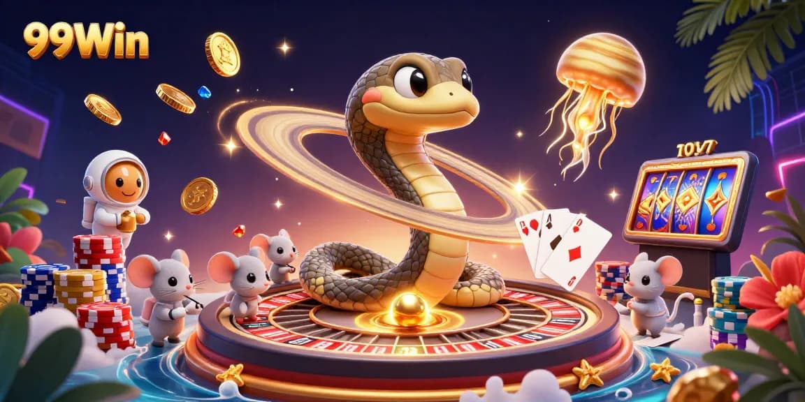 Experience thrilling gaming with 99Win as astronaut mice bet on animated roulette rings.