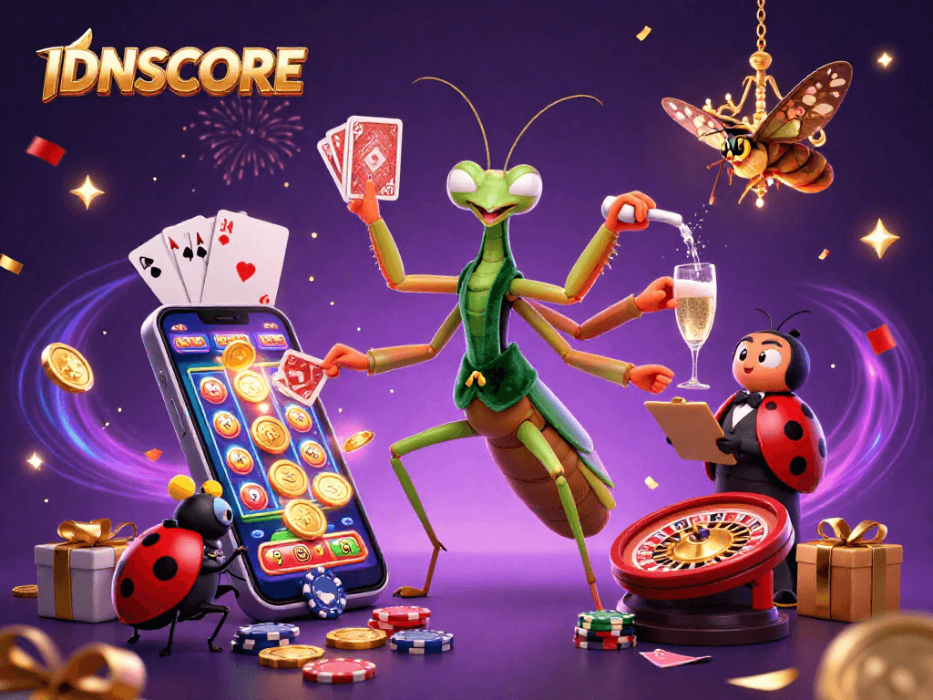 IDNSCORE presents a lively scene with a mantis card sharp and ladybug pit boss celebrating with dynamic slot game elements.