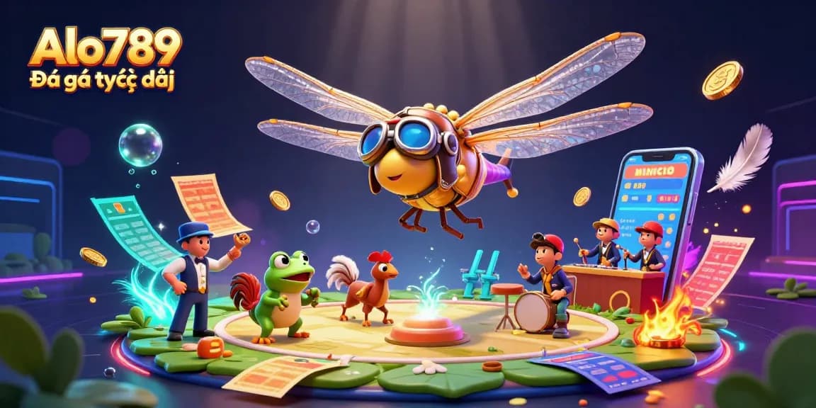 Alo789 Đá gà trực tiếp showcases a lively scene with a dragonfly pilot and frog croupier managing a cockfighting match.