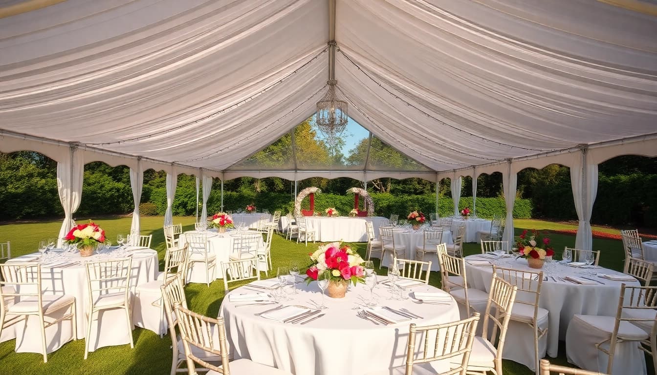 Wedding Tent Chair & Table Rentals arranged beautifully in an outdoor setting for a celebration.