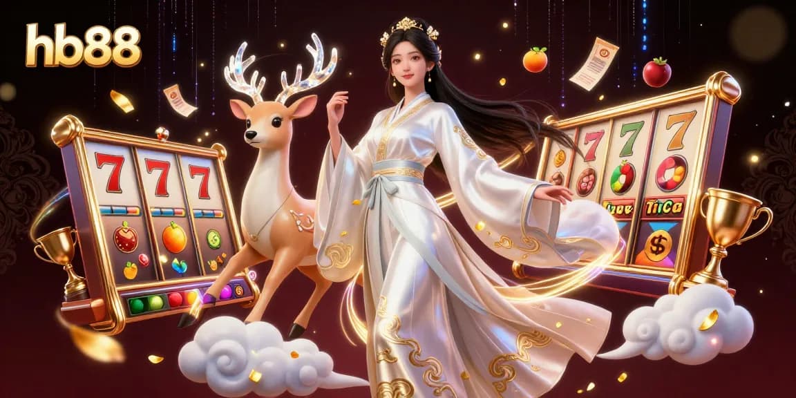 hb88 promotes engaging slot games with a stunning illustration blending elegance and action.