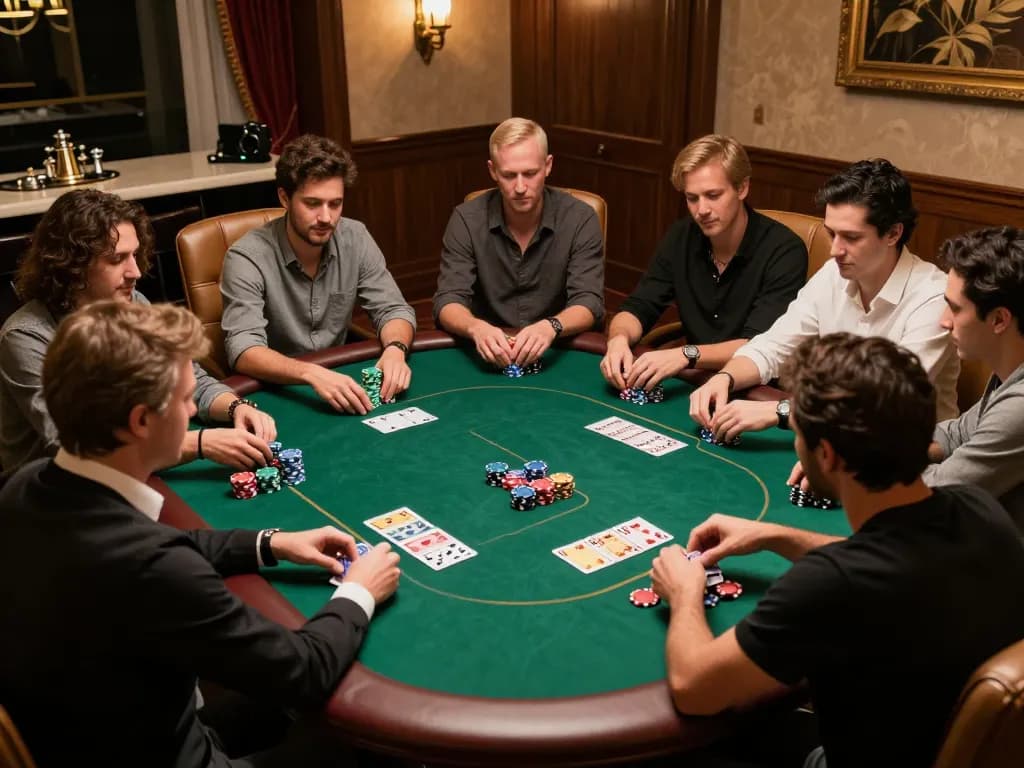 Players strategizing in an exciting poker game at a đại lý mm88 private gaming room with chips and cards visible.