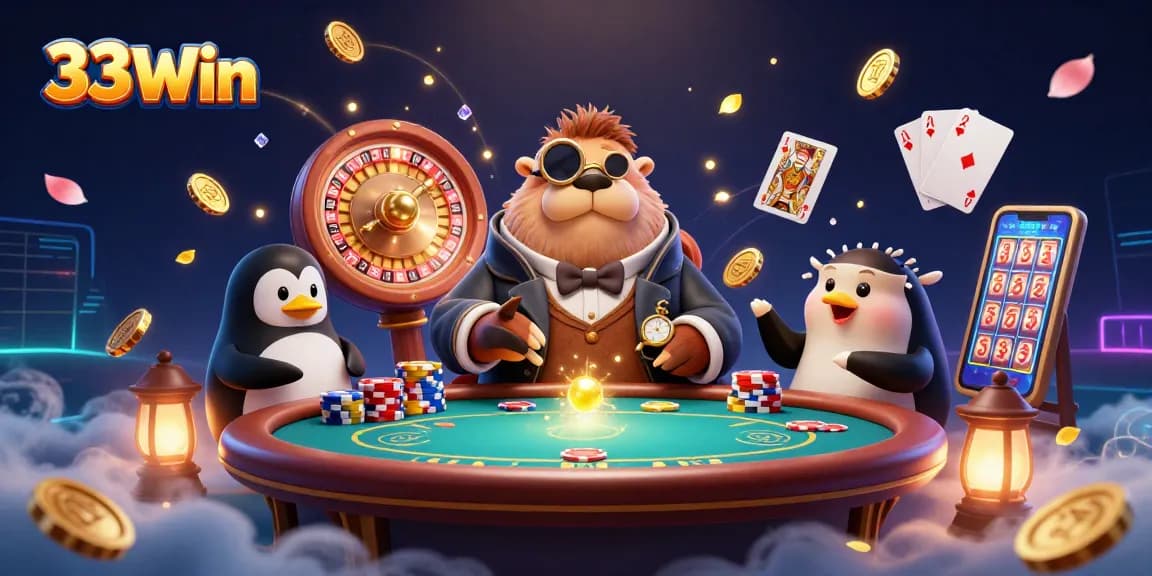 Engage in thrilling gameplay at 33Win with animated characters bluffing at an underwater poker table.