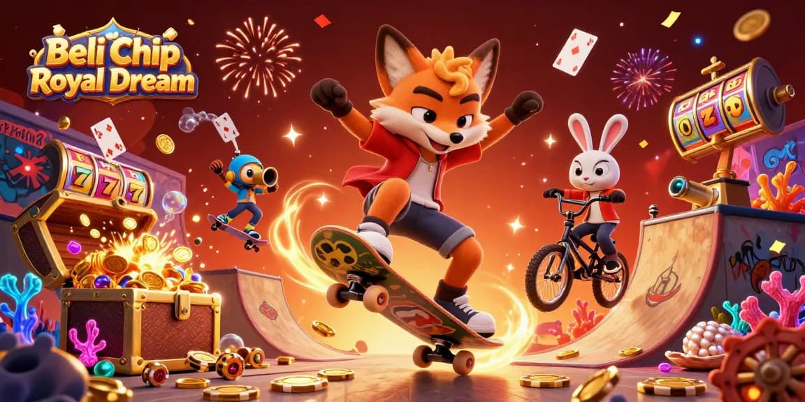 Beli Chip Royal Dream dengan cepat melalui ilustrasi 3D kartun seru tentang karakter bermain poker dan kasino.