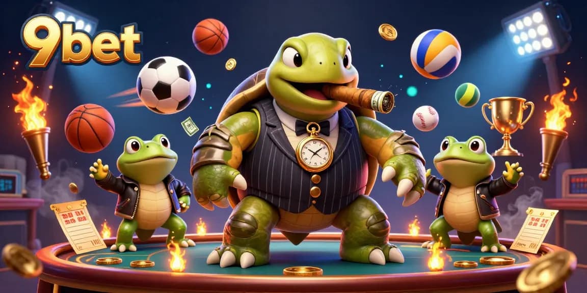 Engage with 9bet's vibrant atmosphere as a snapping turtle in a mobster suit oversees lively sports betting.