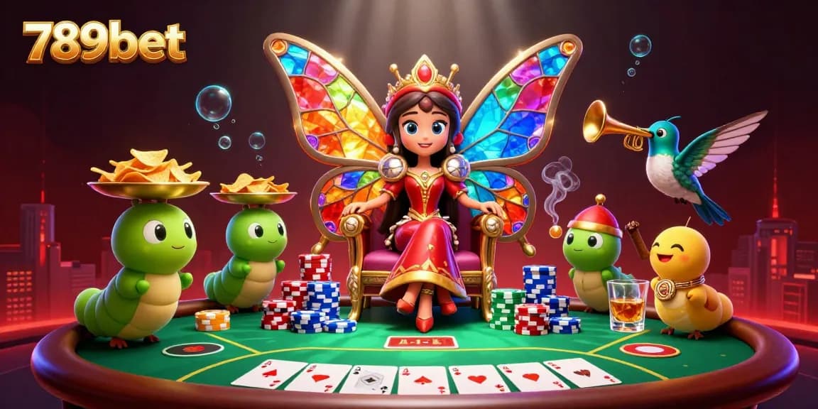 Experience the thrill of poker with 789bet, featuring a fantastical butterfly queen in an opulent casino.