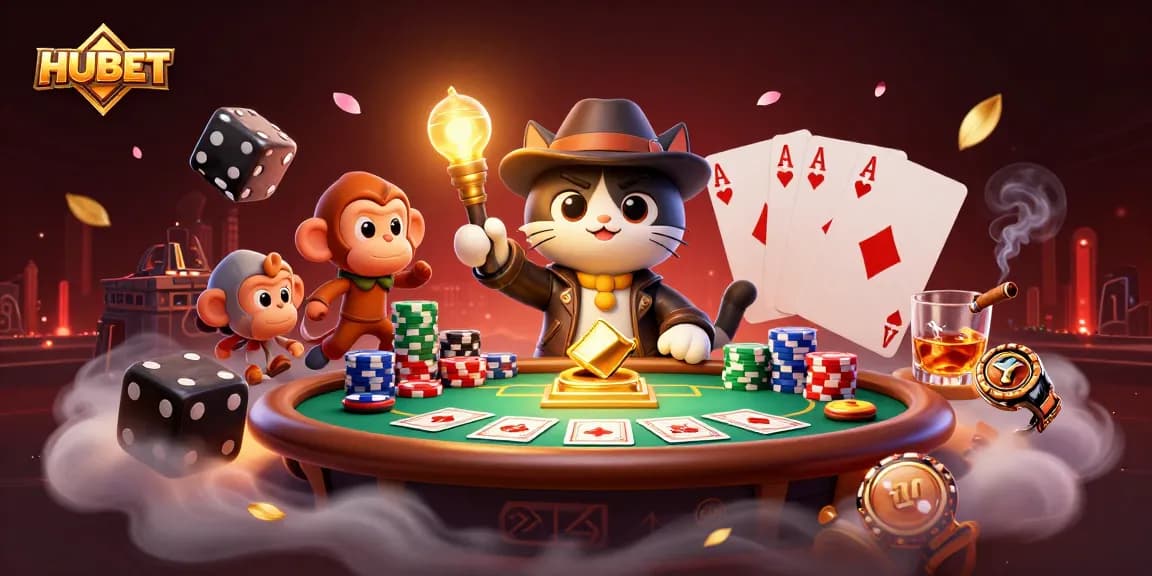 Join HUBET's thrilling adventure with the explorer cat as he uncovers golden artifacts in a lively casino scene.