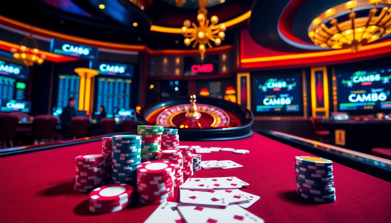 CM88 gamblers enjoying a thrilling experience at a luxury casino table featuring poker chips and a roulette wheel.