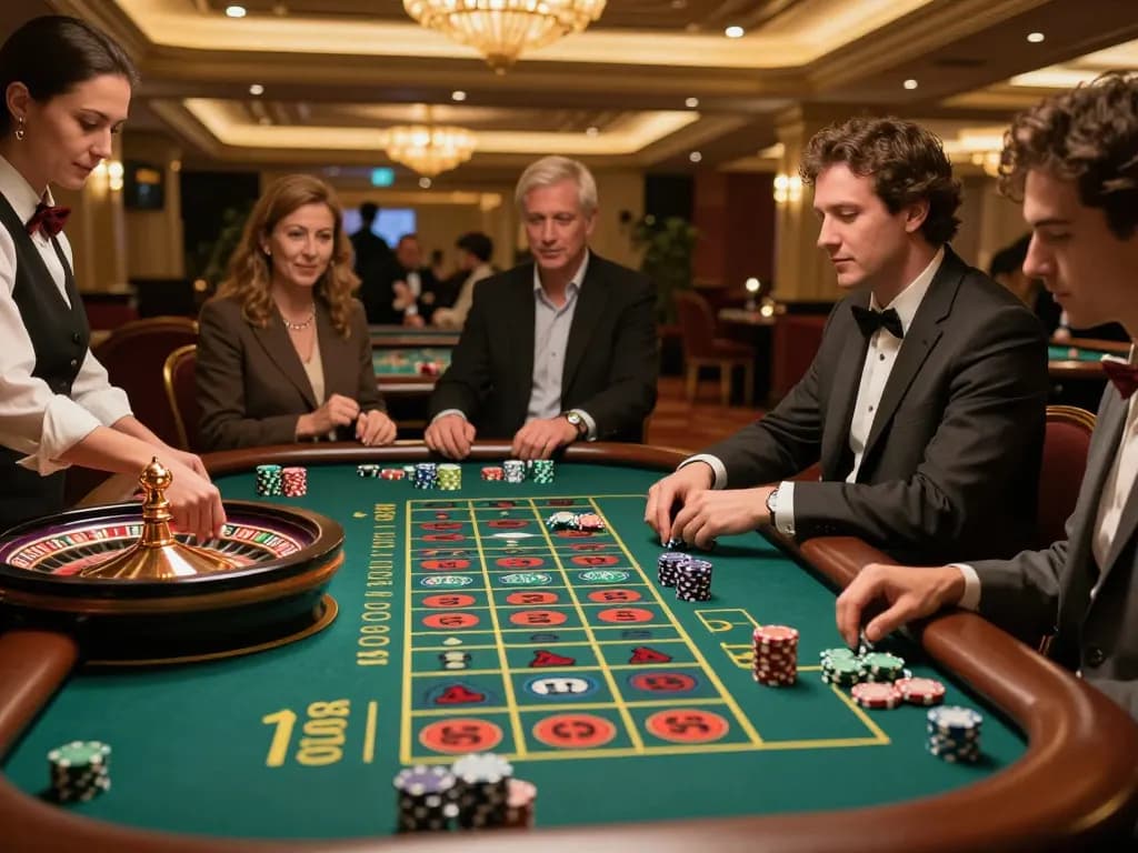 Engaged players at the 79king roulette table place strategic bets during an upscale casino evening