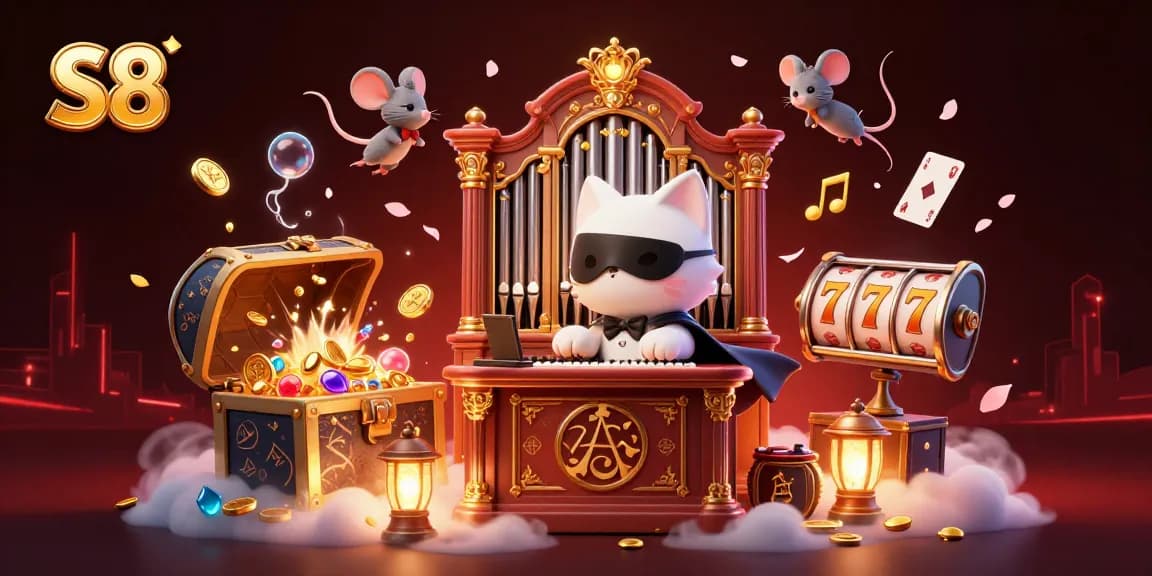 S8 casino scene with a phantom cat and mouse acrobat amidst gold coins and floating cards, emphasizing dynamic gaming action.