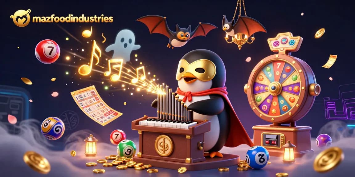 Mazfoodindustries presents an engaging scene with a casino-themed penguin character while playing a slot machine, enveloped in a dynamic gaming atmosphere.
