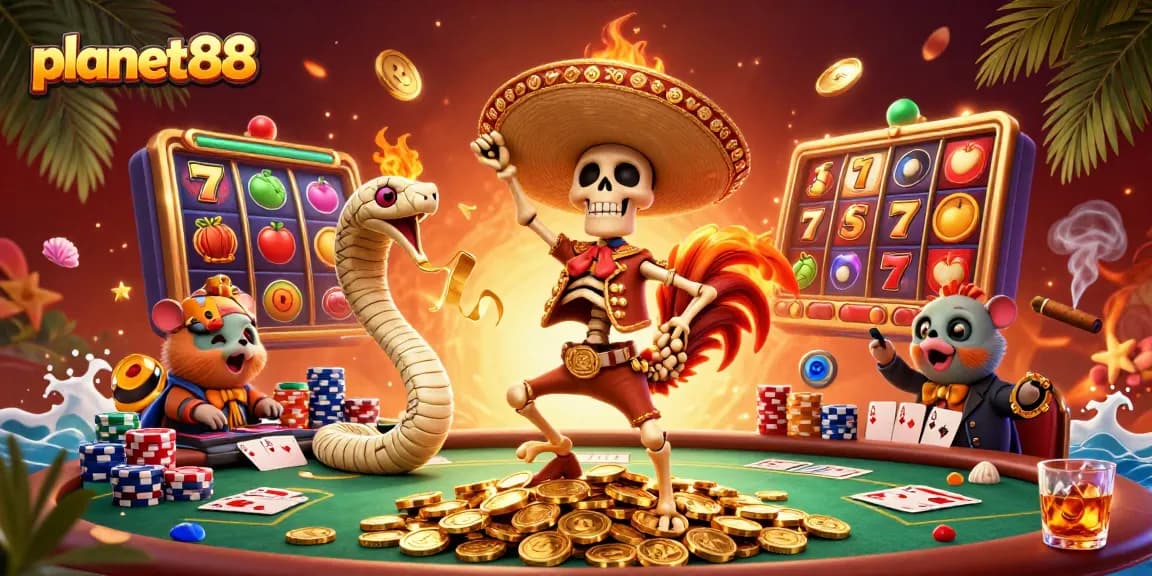 Experience exciting wins at planet88 with colorful slot reels and casino characters.
