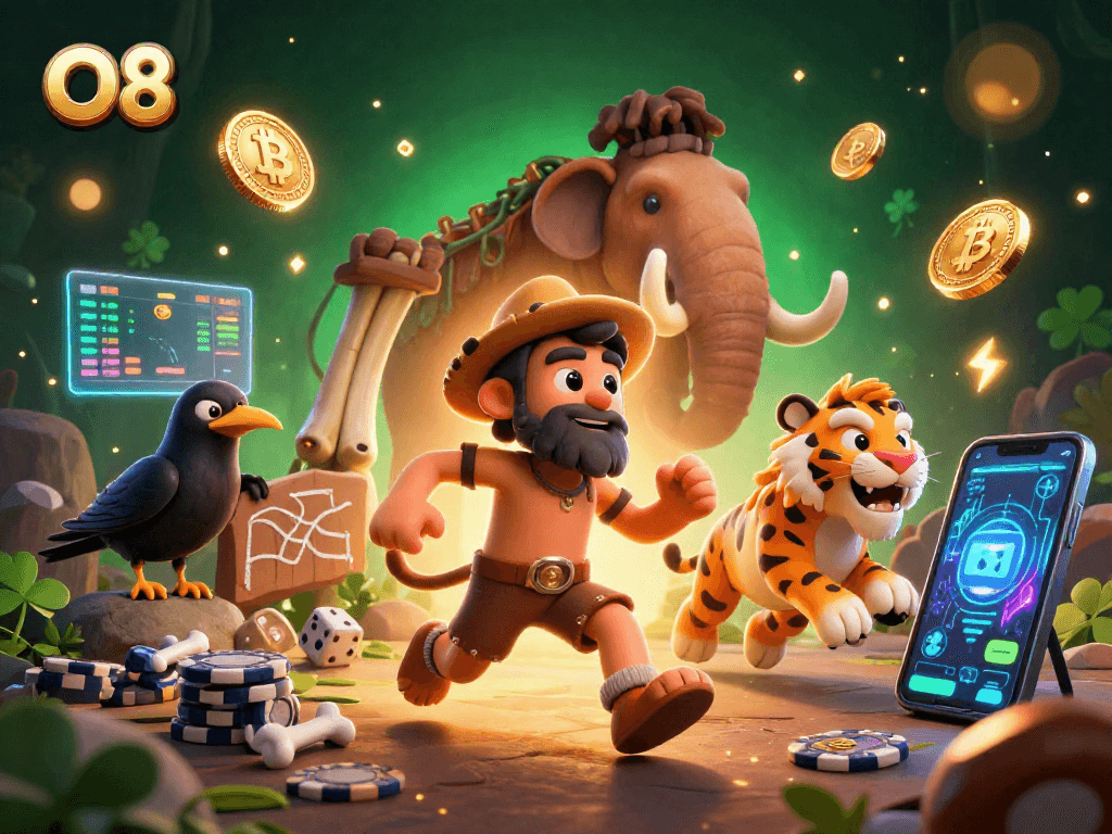 O8 players experience thrilling gaming action with Bitcoin and Ethereum coins in a prehistoric casino.