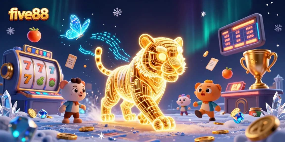 Engage in exciting gameplay at five88 with a vibrant 3D casino scene showcasing neon characters and slot elements.