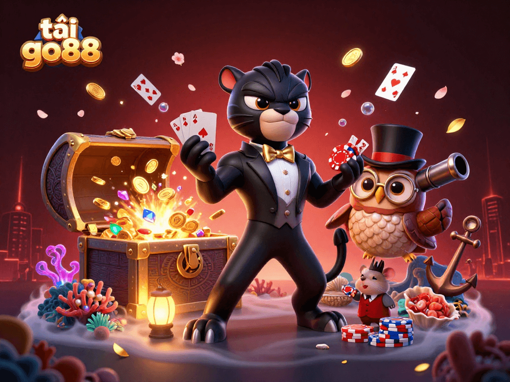Engage with the vibrant scene promoting tải go88, featuring a tuxedo panther, an insightful owl, and a lucky mouse.