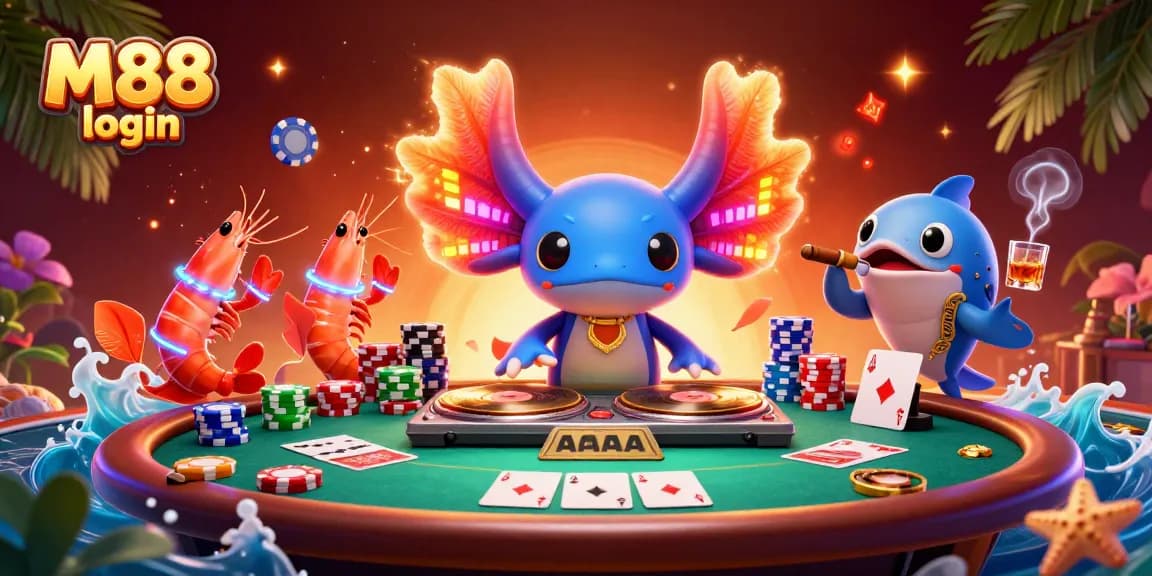 M88 login for seamless gambling fun with vibrant DJ and casino-themed characters.