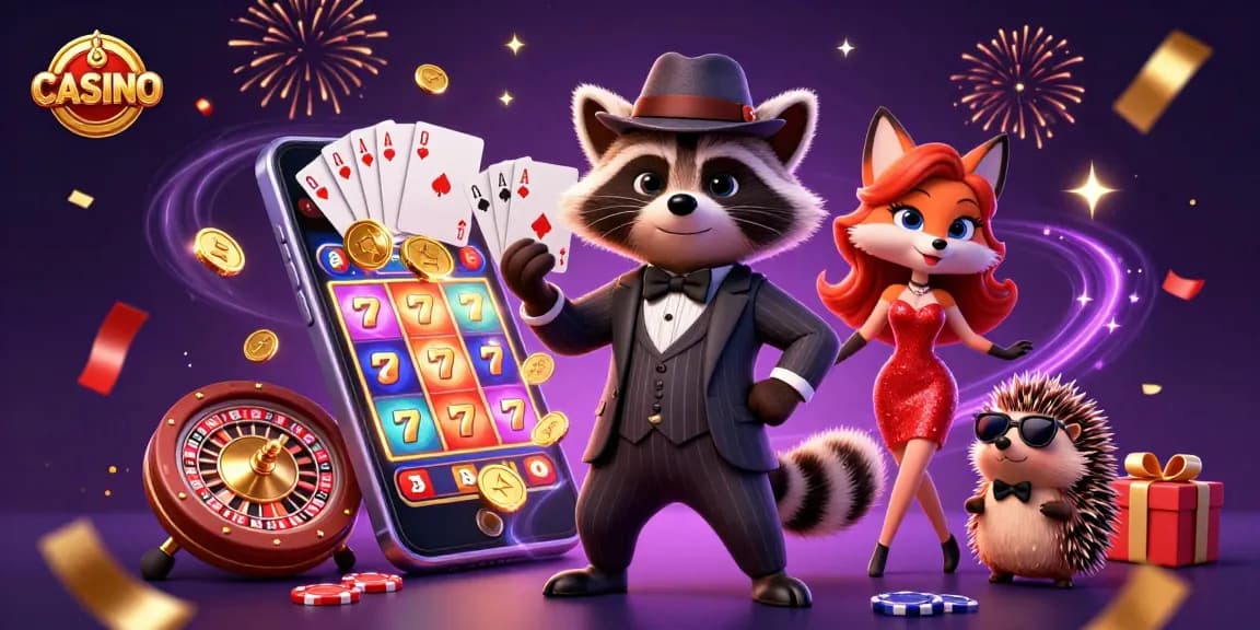 Experience the excitement of CASINO with a suave raccoon and charming companions in this vibrant illustration.