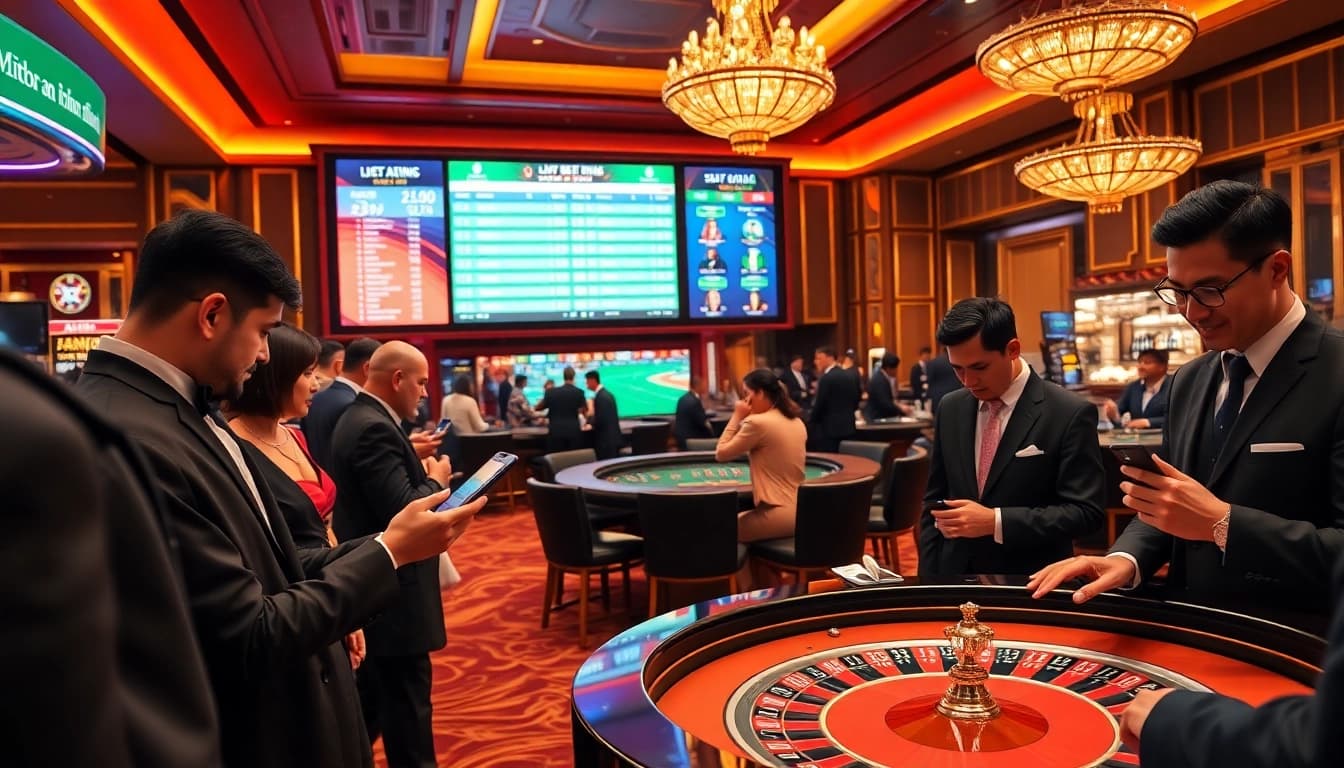Kèo nhà cái betting scene with luxurious casino elements showcasing live football odds and excited players.