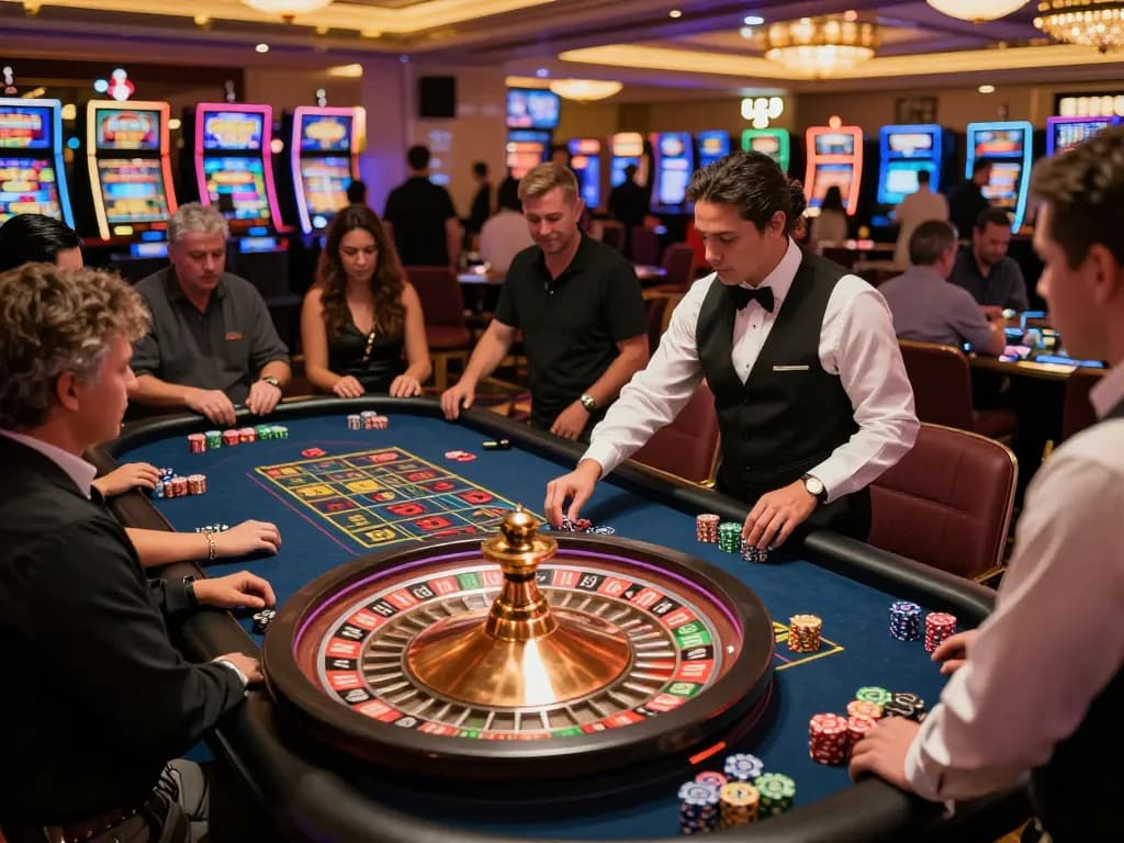Players eagerly placing bets at a roulette table in a vibrant Las Vegas casino, embodying the spirit of TR88 gaming excitement.