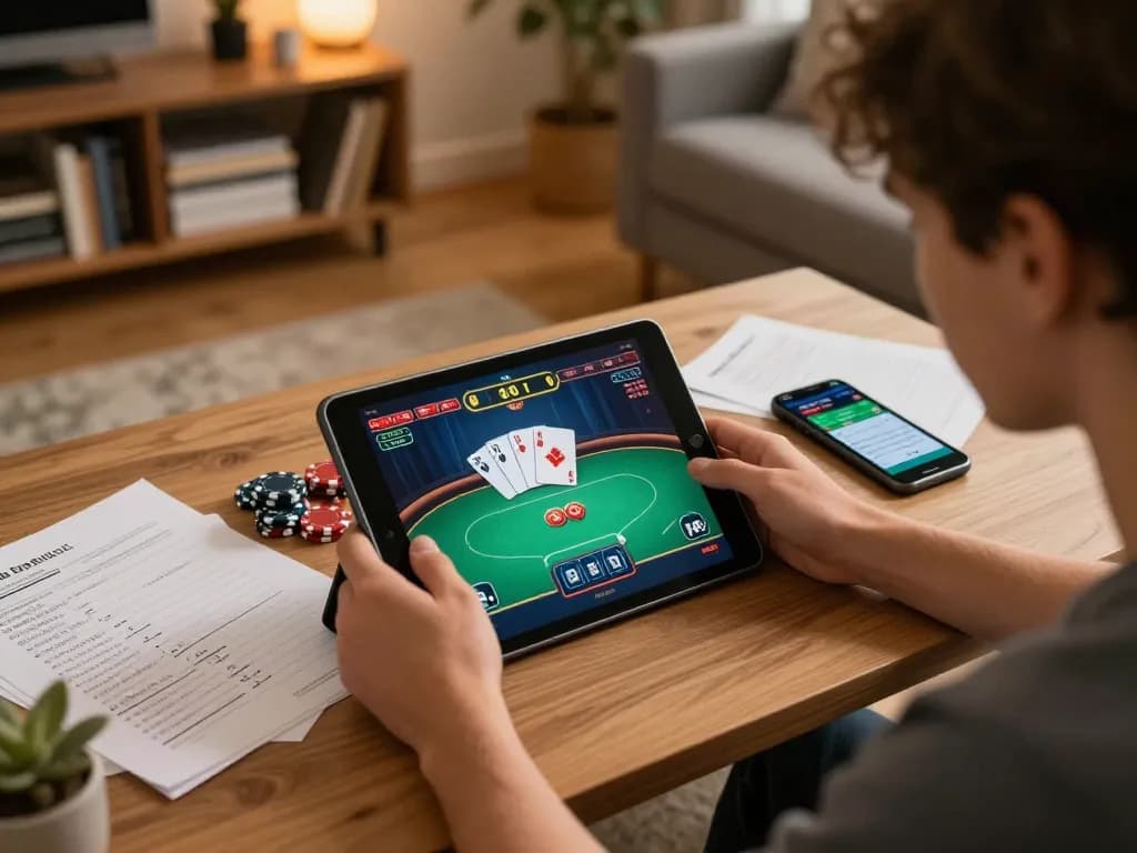 Engaged player focusing on ZOWIN đăng nhập through tablet in a cozy living room, showcasing responsible gaming.