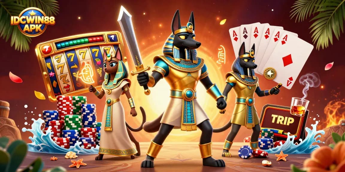 Engage with IDCWIN88 APK's thrilling online slots featuring Anubis and Bastet amidst golden riches.