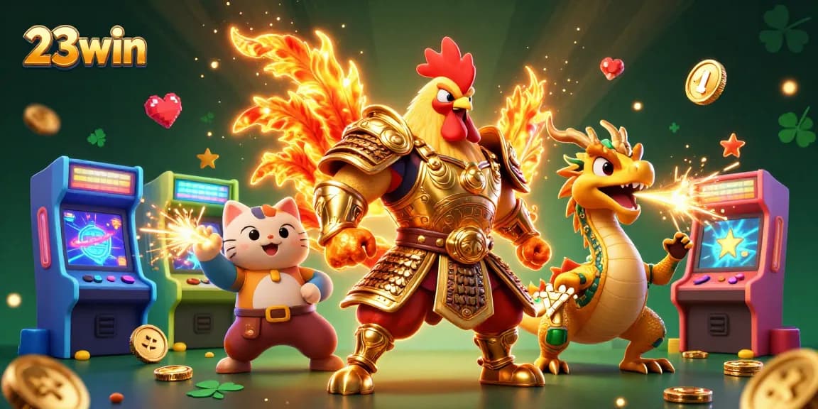 Experience thrilling action with 23win's vibrant 3D casino illustration, featuring dynamic game elements.