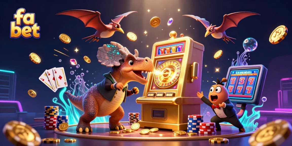Join the excitement of fa bet as cartoon characters interact in a dynamic casino scene with slot machines and flying coins.