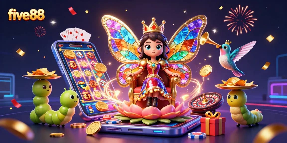 Play vibrant games at five88, featuring a butterfly queen and rich casino elements.
