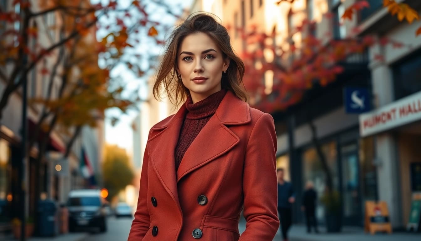 Model showcasing fashionable ladies coats and jackets on an urban street with autumn leaves.
