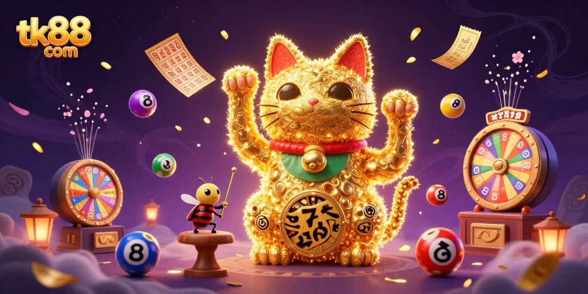 Engage with tk88 com's vibrant lucky cat illustration in a dynamic casino-themed scene.