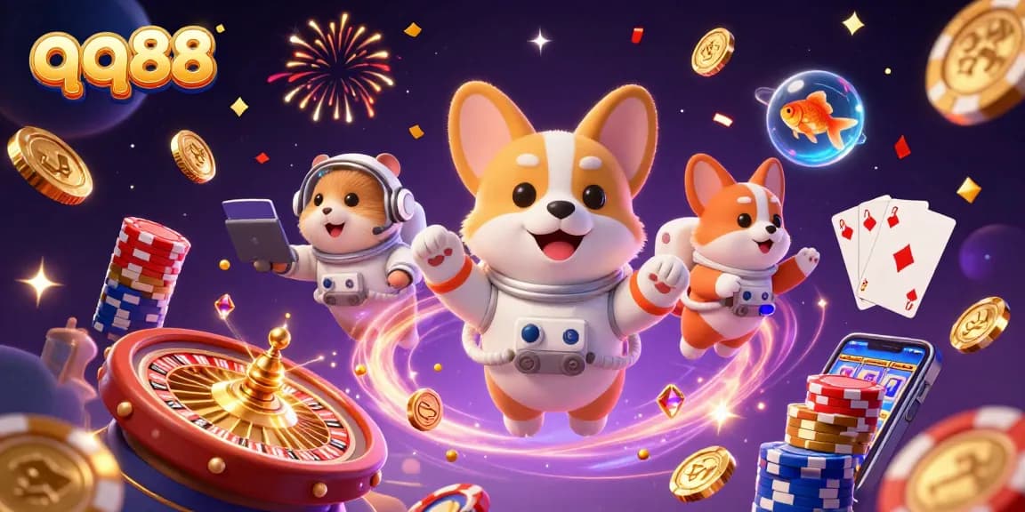 Engage in vibrant qq88 casino experiences featuring a cosmic corgi, mission-control hamster, and a floating goldfish.