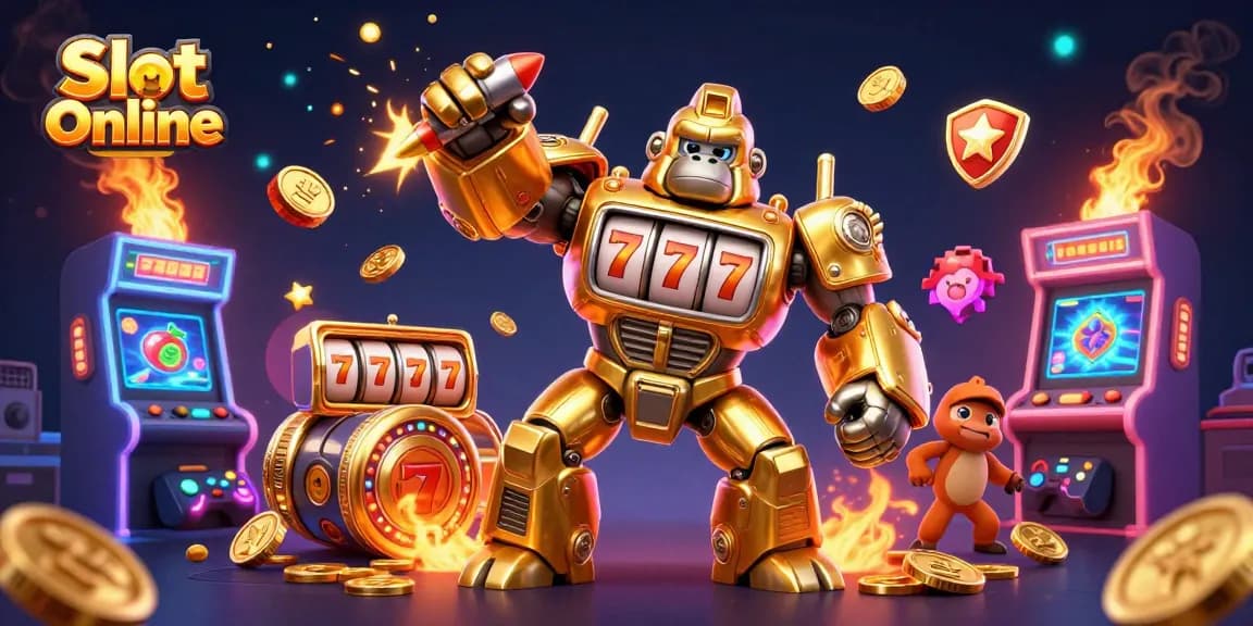 Experience Slot Online excitement with a dynamic golden gorilla mech smashing through coins and classic gaming symbols.