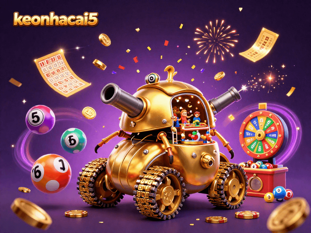 Experience the excitement of keonhacai5 with vibrant casino-themed 3D illustration showcasing dynamic lottery elements.
