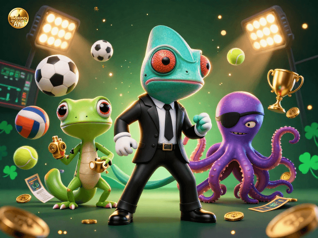 Immagine dinamica di casino sicuri non AAMS con un camaleonte segreto e un gecko tecnologico tra gli sport.