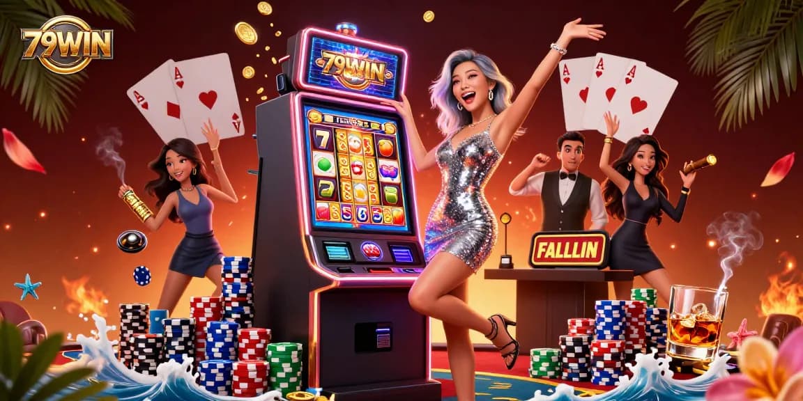 Experience the thrilling gameplay with 79WIN as golden coins erupt from a jackpot slot machine.