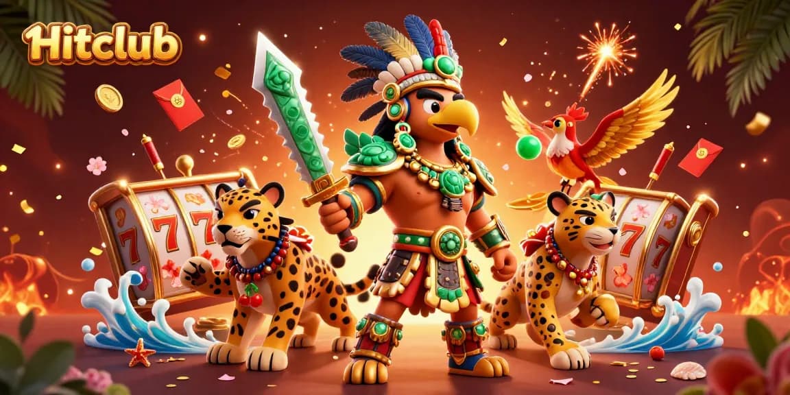Experience Hitclub's vibrant casino world with an Aztec warrior and dynamic game elements.