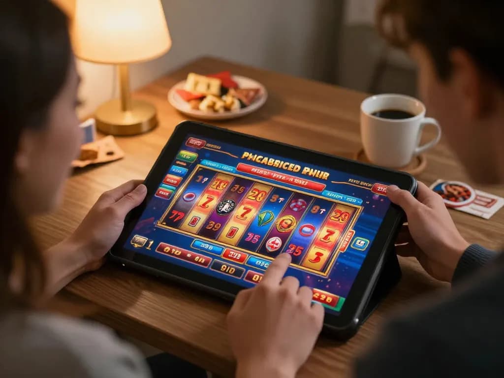 Person enjoying exciting rik vip slot games on a tablet in a cozy home environment.