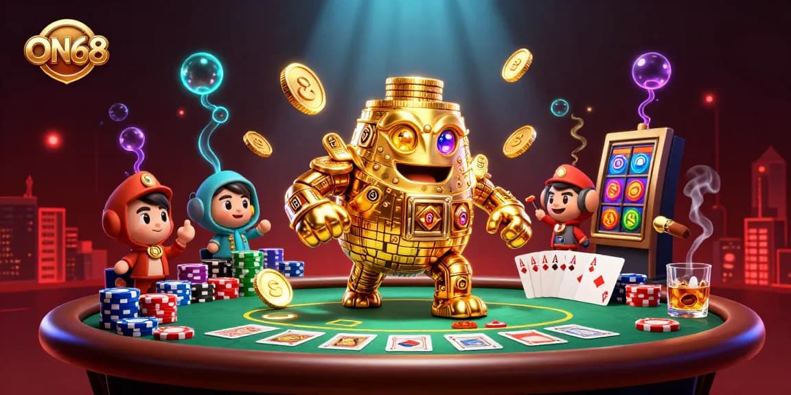 Engage in the excitement of ON68 with our golden golem surrounded by poker elements and rich casino atmosphere.