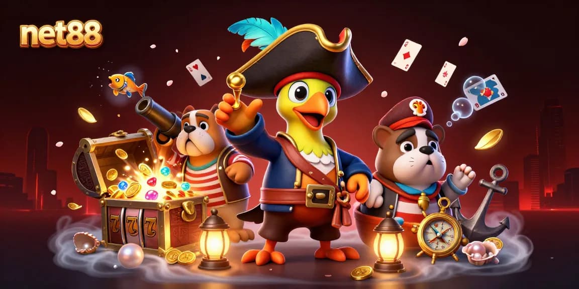 A 3D artwork showcasing net88 with a pirate captain parrot, bulldog, and ship's cat, diving into casino treasures.