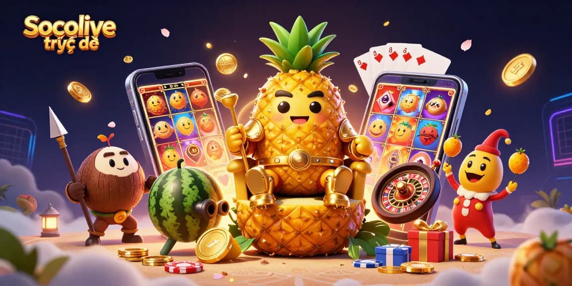 Socolive trực tiếp features a dynamic casino scene with a golden pineapple king and lively gambling elements.