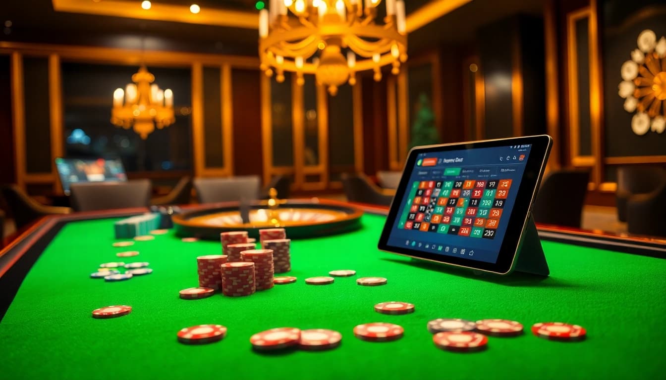 Engaging scene of KBBET's luxurious casino gaming, featuring chips and cards.