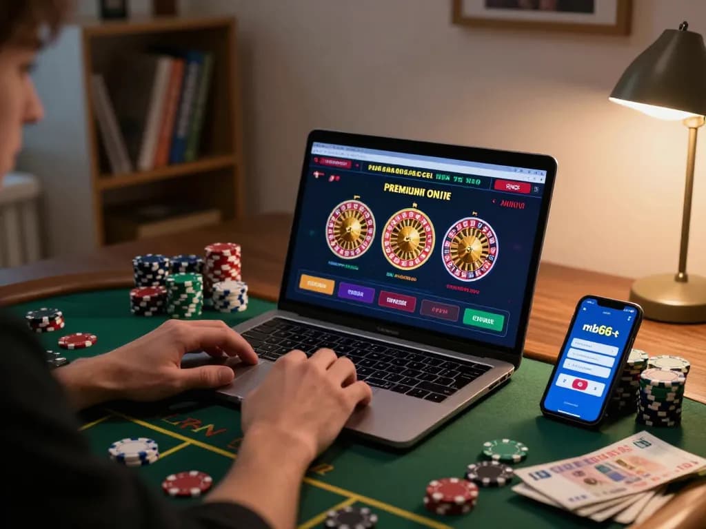 Engaging in online gaming on mb66-t platform at a cozy home setup with laptop and smartphone