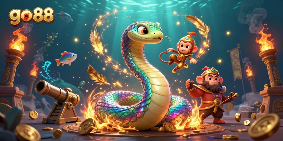 Experience the thrill at go 88 as the rainbow serpent coils around a golden pillar amidst underwater fish shooting excitement.