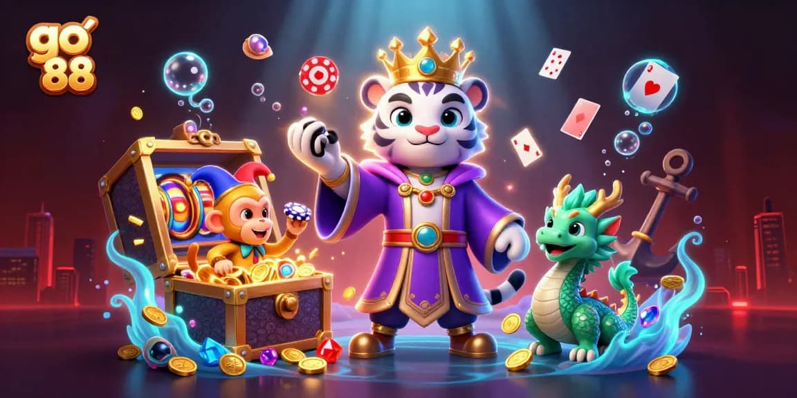 Engage with go 88's vibrant casino scene featuring animated characters, gold coins, and spinning slot machines.