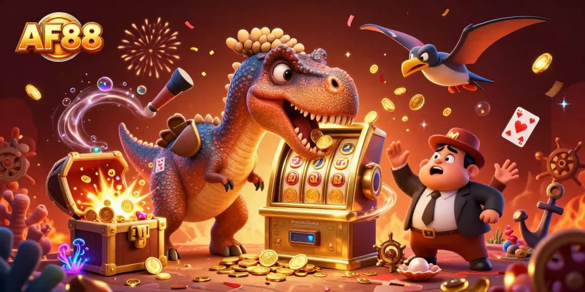 Engage with AF88 as the 3D dinosaur wins a jackpot while the panicked manager watches.